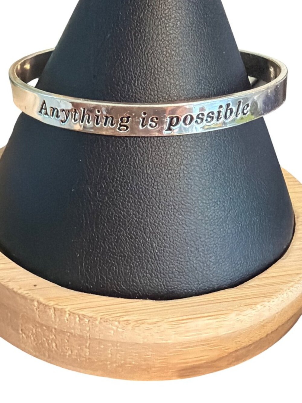 NRO Silver Tone Cuff Bracelet Engraved Anything Is Possible Rhinestone Cross